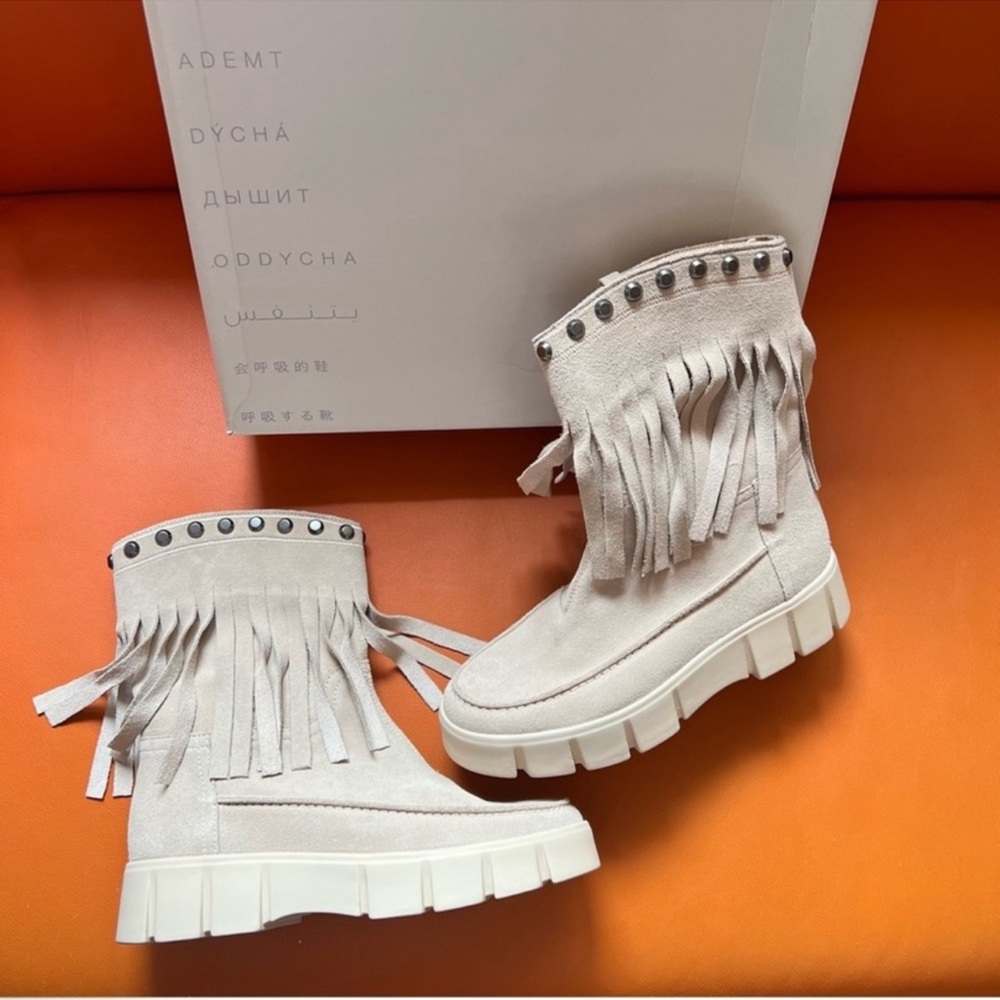 New! GEOX Ghoula Fringe Studded Suede Platform Booties in Taupe